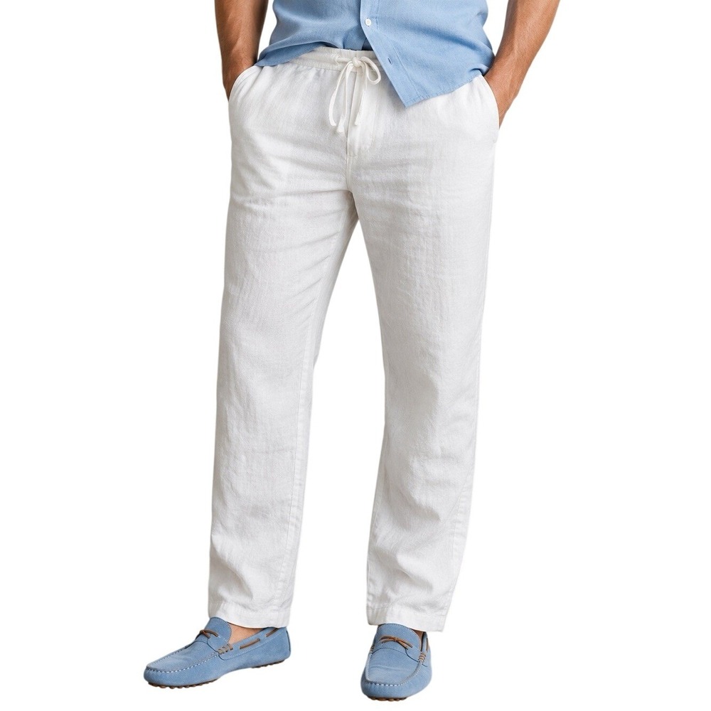 Toscano 100% Linen White Pants Mens L Drawstring Straight Leg Casual